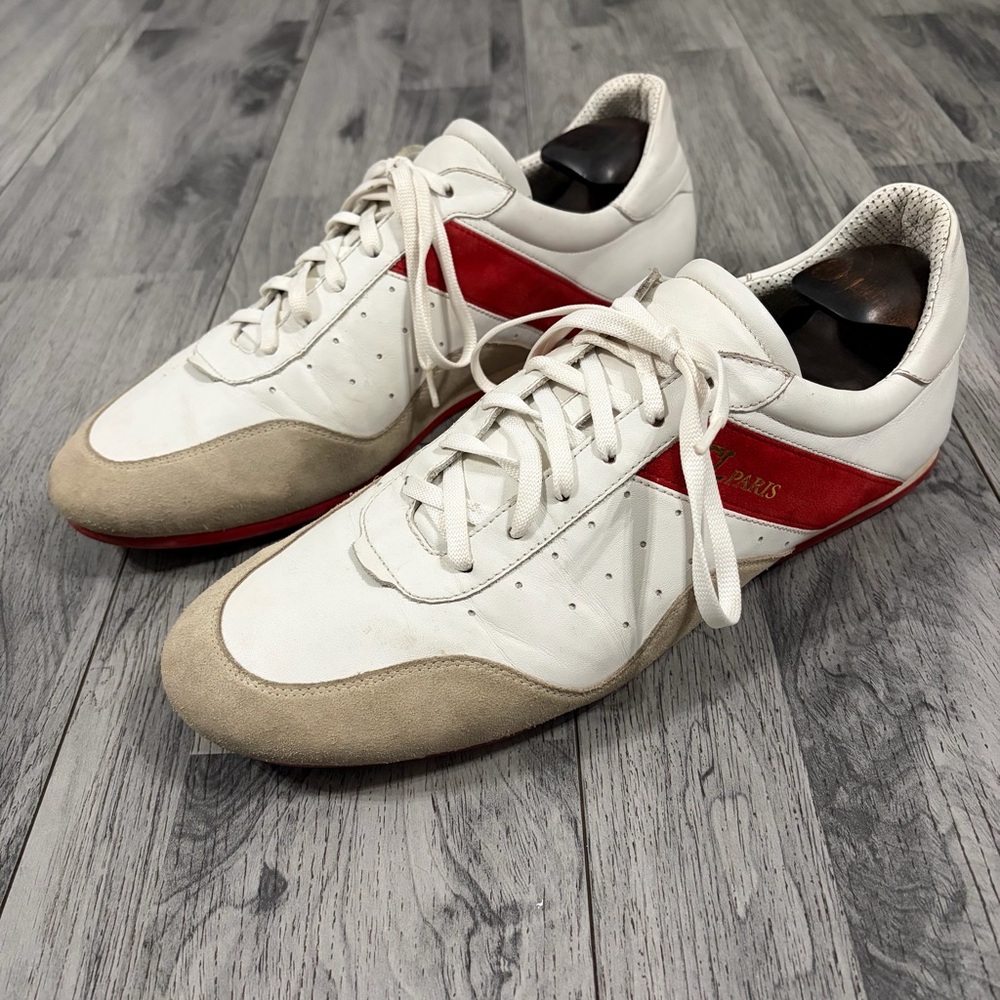Christian Louboutin White Sneakers with Red Stripe and Taupe Suede